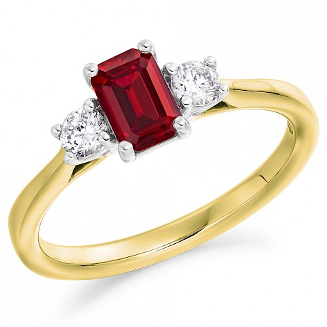 18ct yellow gold ruby and diamond three stone ring